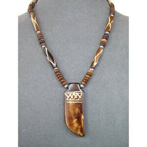 Handcrafted Tribal Style Wood Pendant Necklace With Engraved Detailing On Adjust